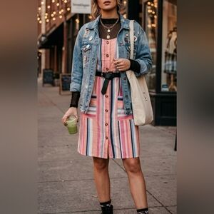 Zaful Pink and Blue Striped Mini Dress with Button Detail NWT